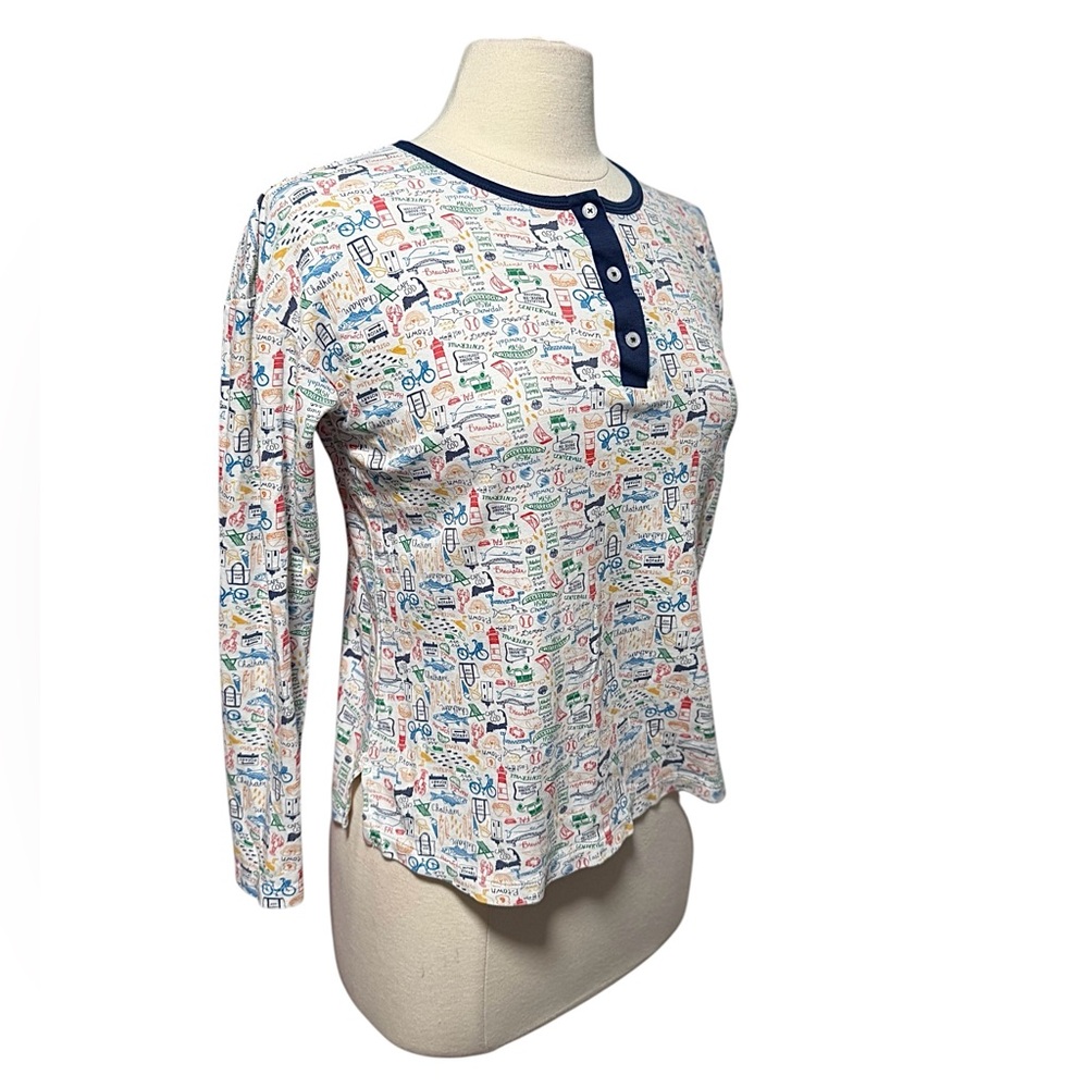 Women's Long Sleeve Printed Henley Pajama Top - Navy Trim - Picture 2 of 10